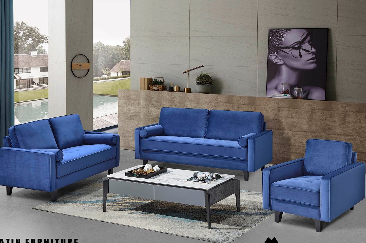 Model 99003BLU Fabric Sofa/Love Seat/Chair Toronto stocks