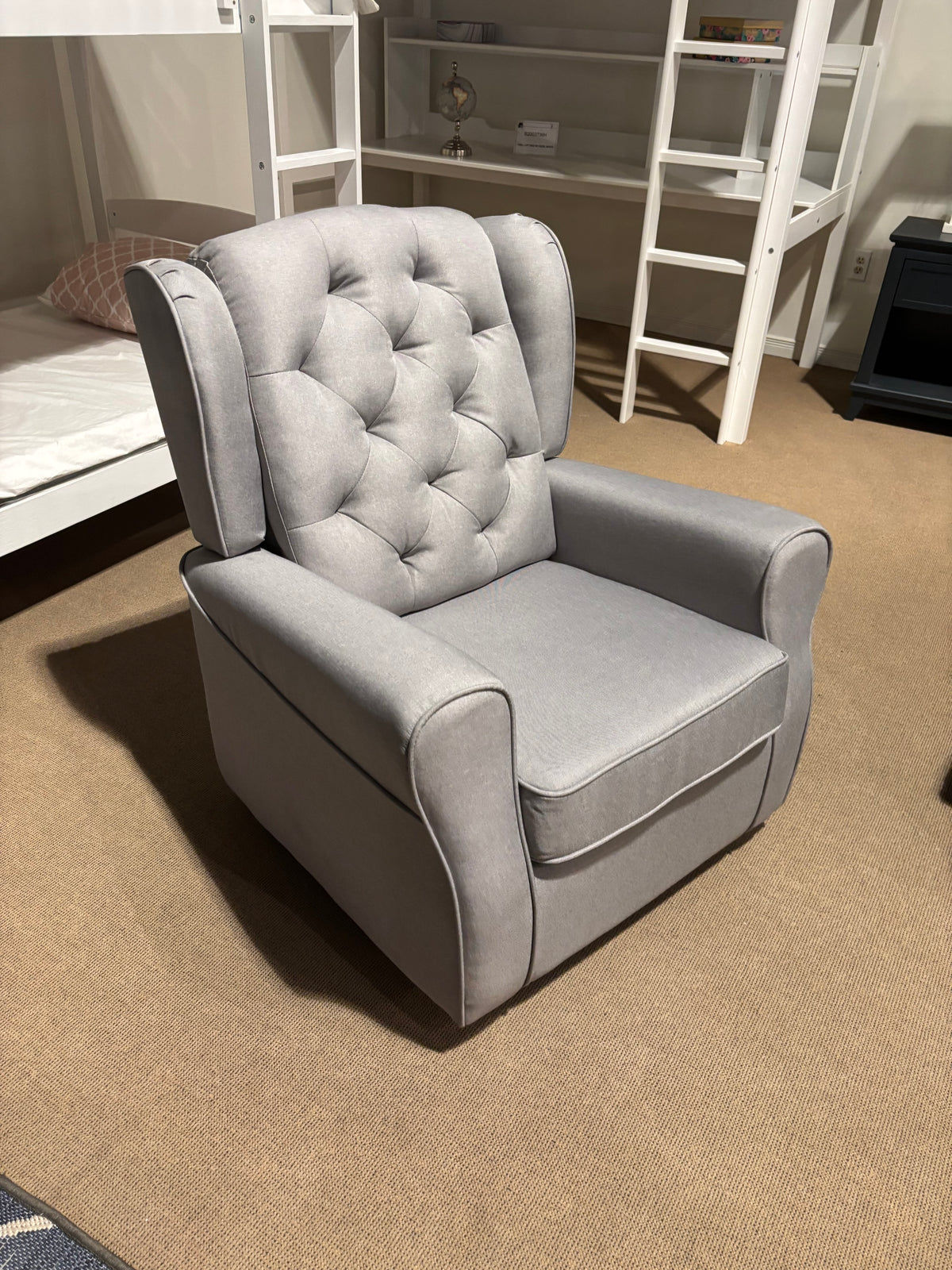 Model 92068LGY light grey swivel glider chair with tufted back and upholstered arms