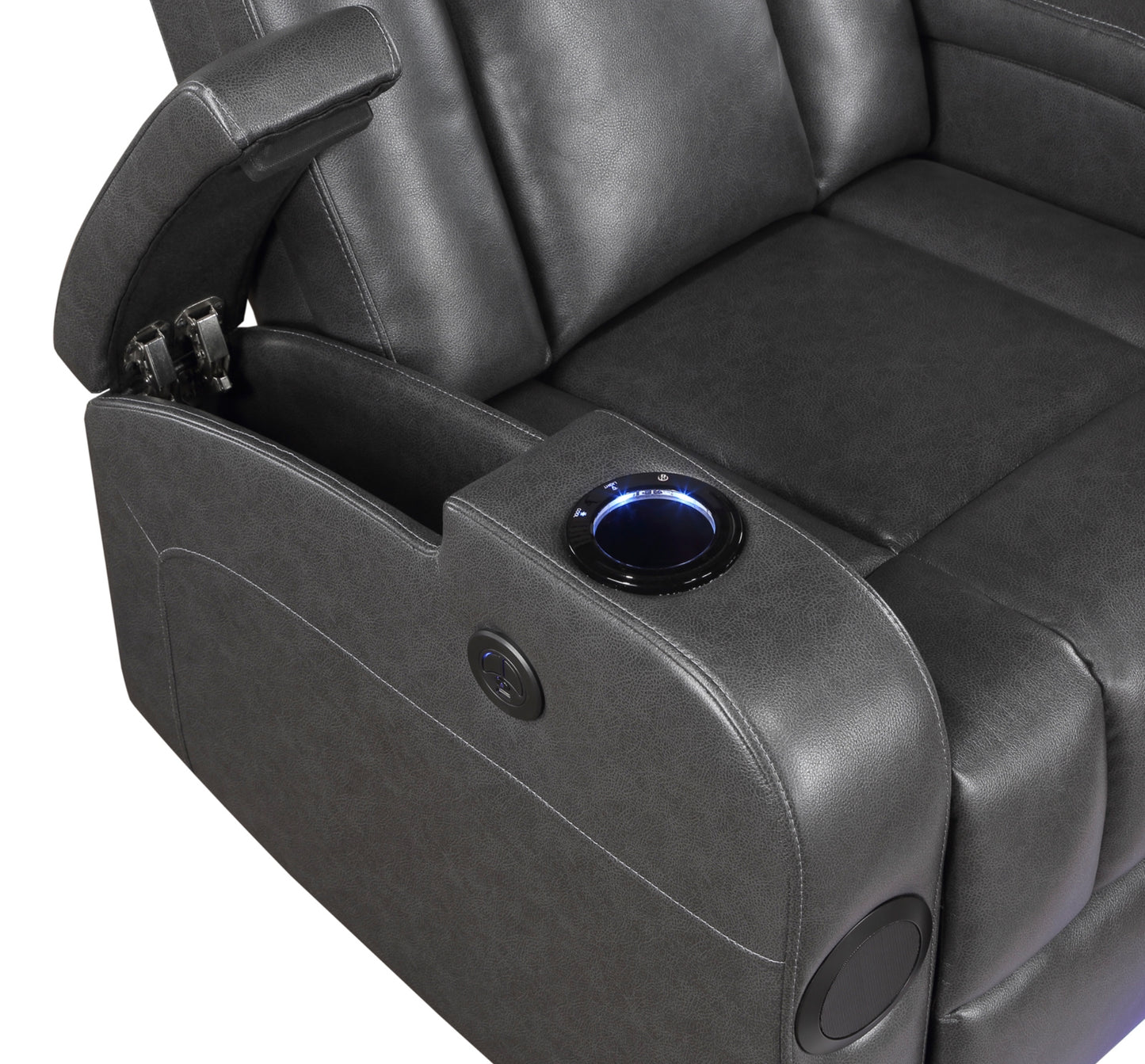 Model 98522GRY-1PW Power Reclining Chair with Wireless Charger, Cooling Cup-Holder, Storage Arms, Speakers, LED Light & USB Port. Toronto Stocks