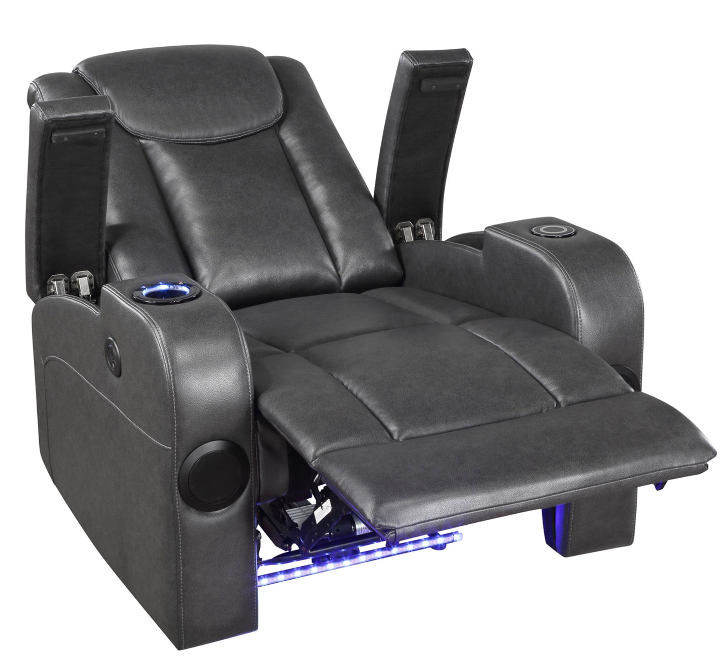 Model 98522GRY-1PW Power Reclining Chair with Wireless Charger, Cooling Cup-Holder, Storage Arms, Speakers, LED Light & USB Port. Toronto Stocks