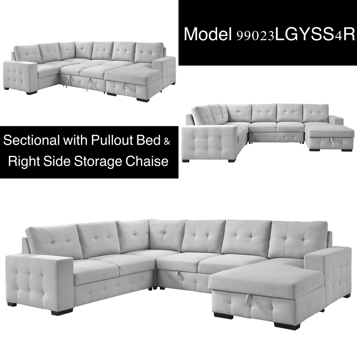 Model 99023LGYSS4R Sectional with Pullout Bed & Right Side Storage Chaise. Toronto Stocks
