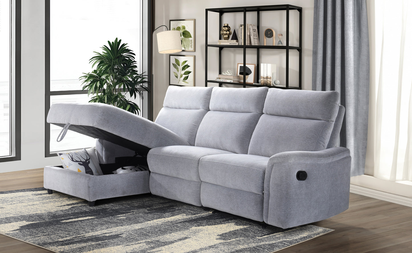 Model 99027GYSSL Sectional with Left Side Facing Storage Chaise & Right Side Recliner, Grey Chenille Fabric. Toronto Stocks