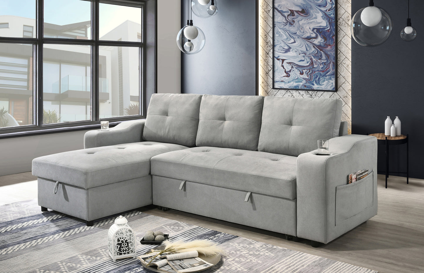 Model 99034GYSS Sectional with Pull-out Sleeper and Reversible Storage Chaise, Toronto Stocks