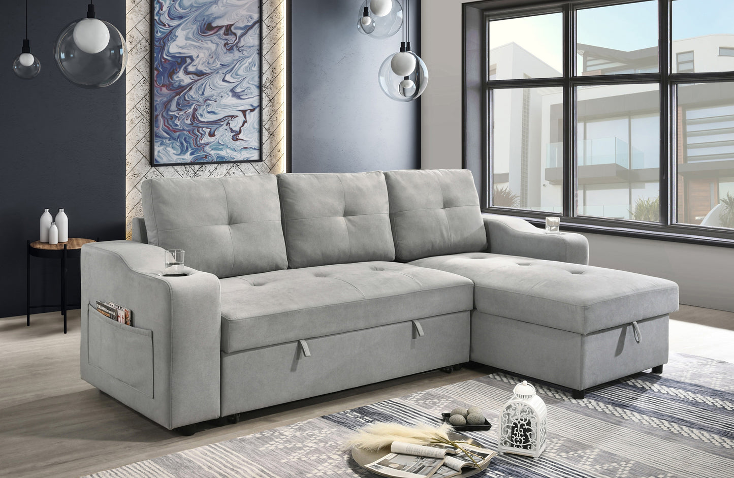Model 99034GYSS Sectional with Pull-out Sleeper and Reversible Storage Chaise, Toronto Stocks