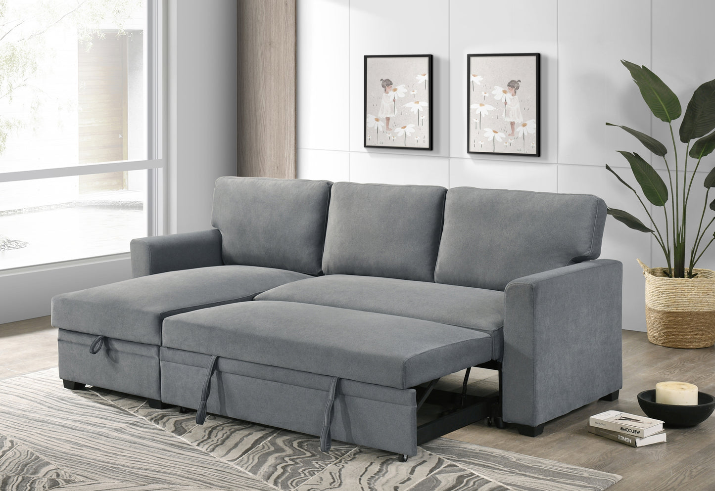 Model 99073GYSS Sectional with Pull-out Sleeper and Reversible Storage Chaise, Grey. Toronto Stocks