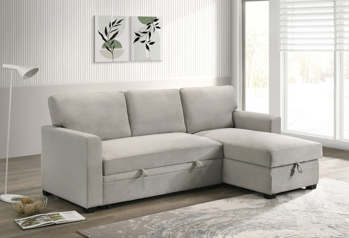 Model 99073BESS Sectional with Pull-out Sleeper and Reversible Storage Chaise, Beige. Toronto Stocks