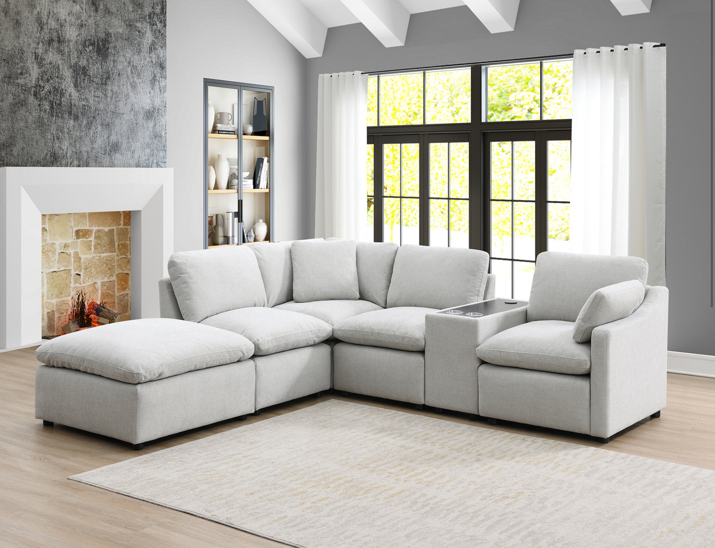 Model 99076LGYSSO6R 6-Piece Modular Sectional with Right Side Arm Chair, Console with Wireless Charger, & Left Side Ottoman Chaise Toronto stocks