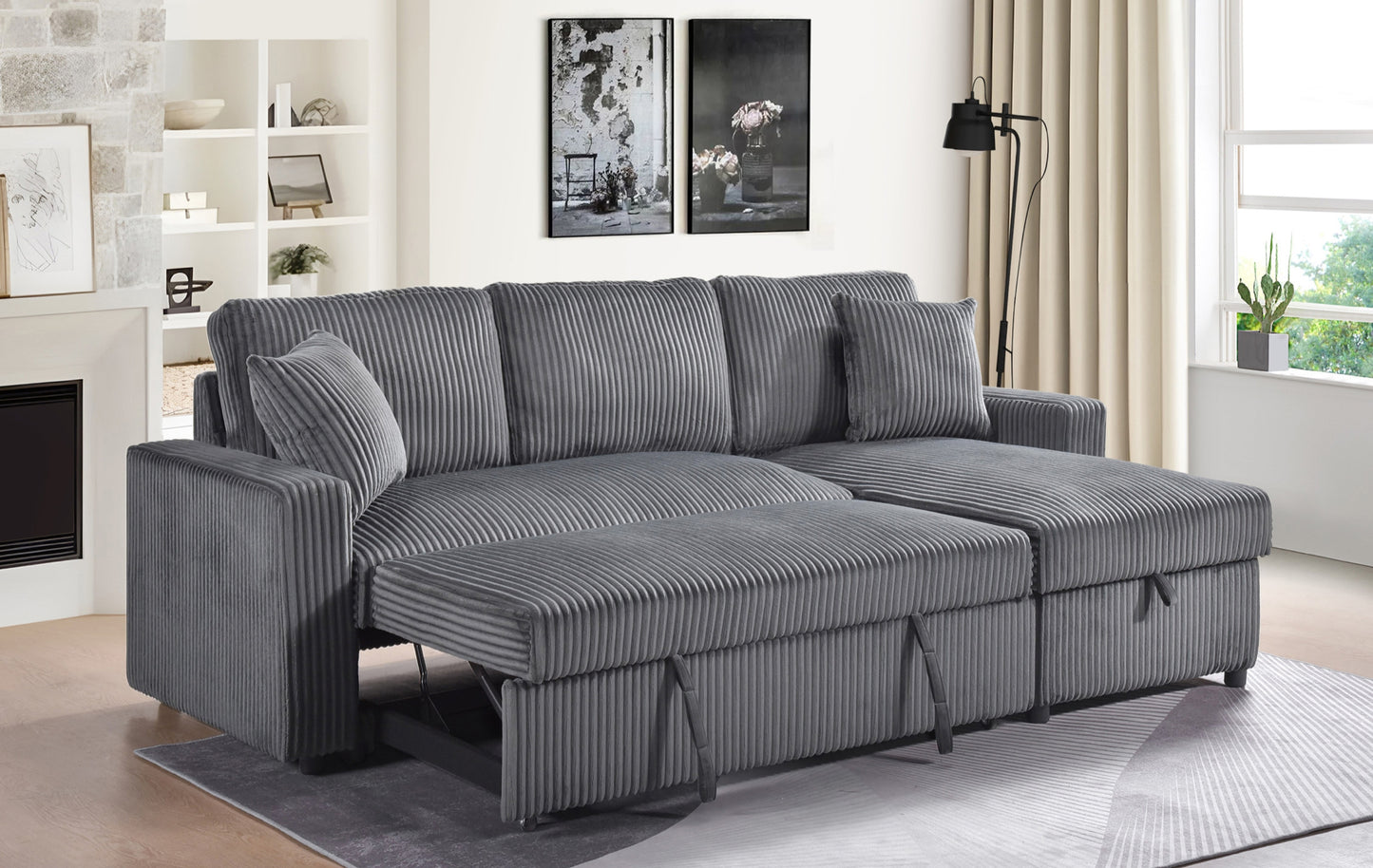 Model 99080DGSS Sectional with Pullout Sleeper, Reversible Storage Chaise, & 2 Pillows, Dark Grey. Toronto Stocks