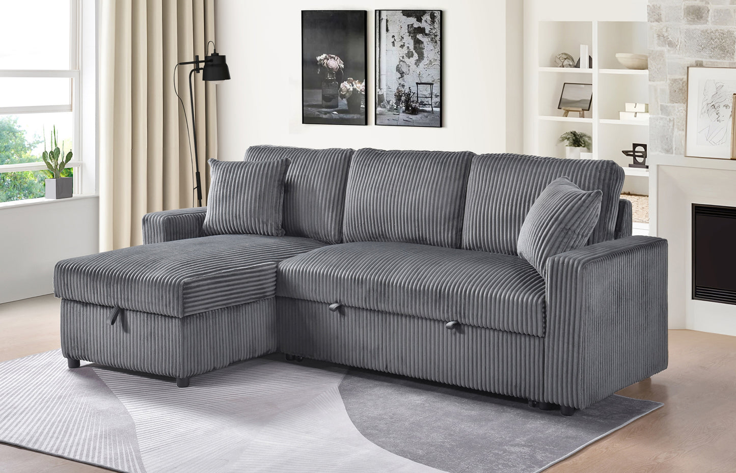 Model 99080DGSS Sectional with Pullout Sleeper, Reversible Storage Chaise, & 2 Pillows, Dark Grey. Toronto Stocks