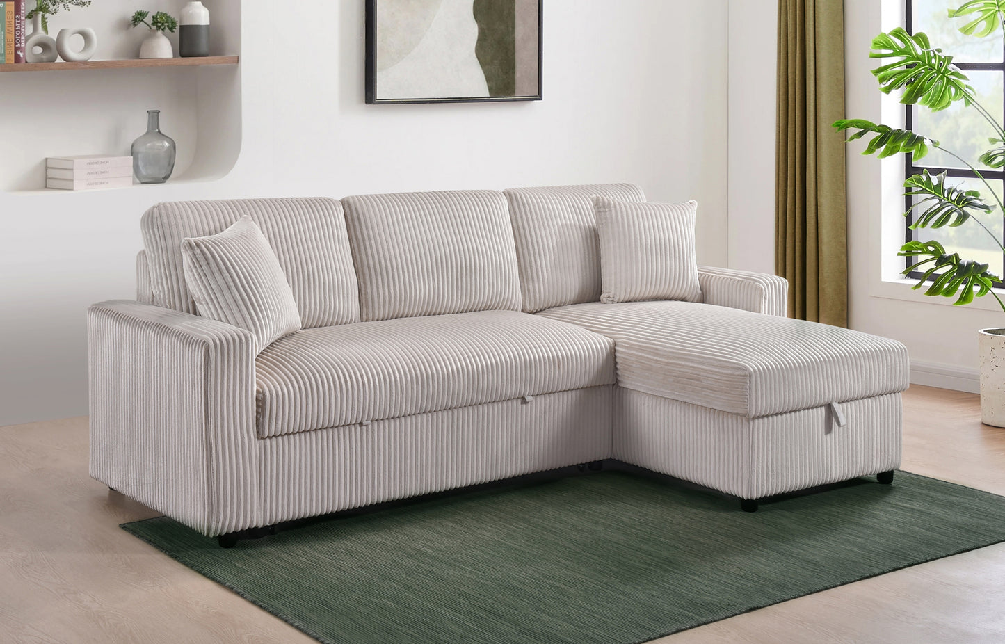 Model 99080BESS Sectional with Pullout Sleeper, Reversible Storage Chaise, & 2 Pillows, Beige . Toronto Stocks