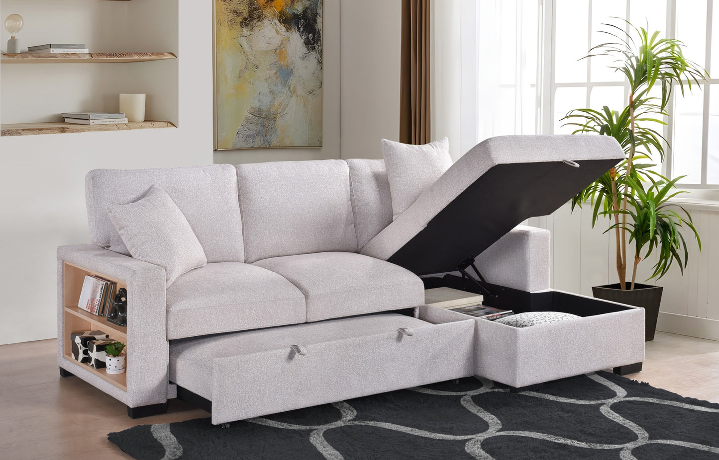Model 99630BESSR Sectional with Pull-out Sleeper, Drop-Down Table, Bookcase Arms, 2 Pillows, & Right Side Storage Chaise, Beige . Toronto Stocks