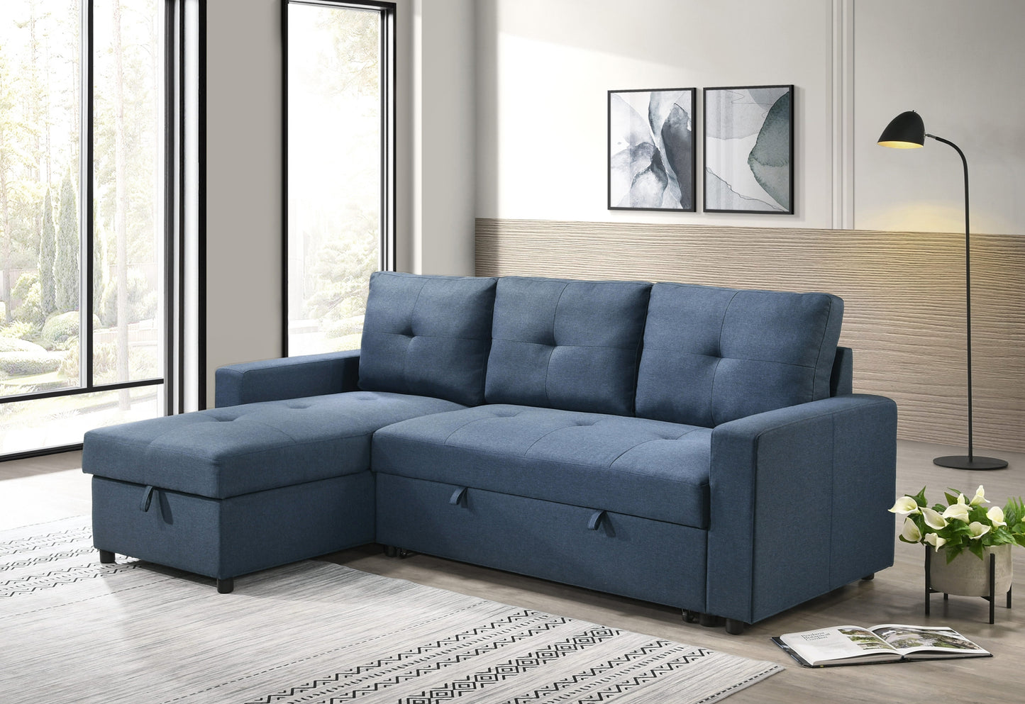 Model 99996BLU Fabric Sectional Pull out Sofa Bed, Reversible, Toronto Stocks