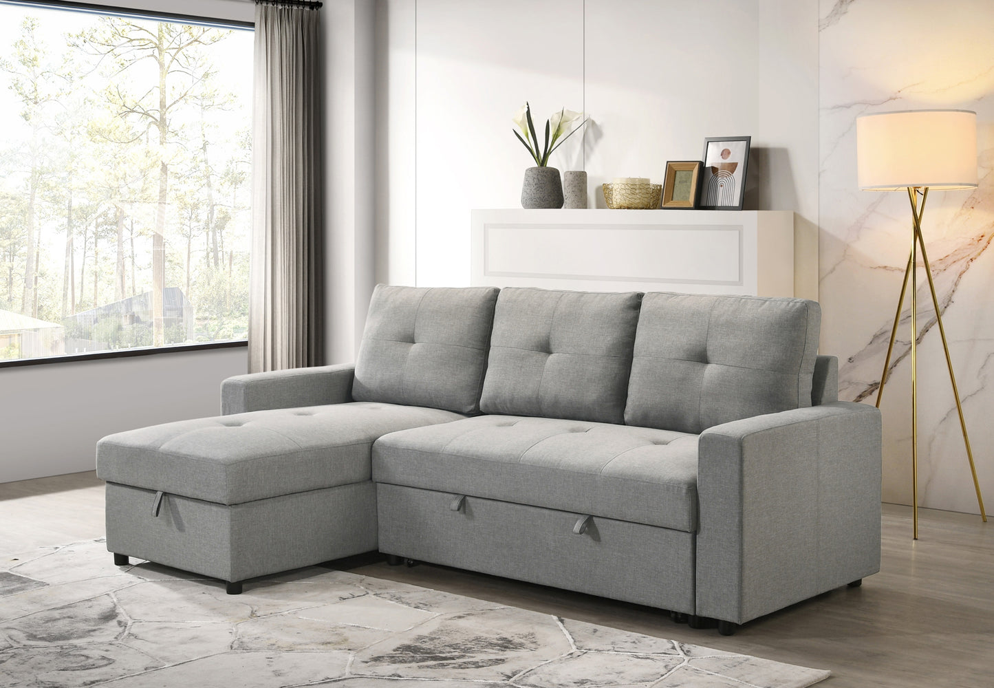 Model 99996GRY Fabric Sectional Pull out Sofa Bed, Reversible, Toronto. stocks