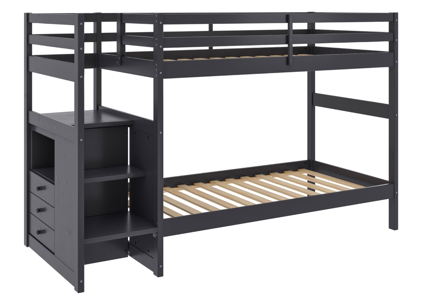Model B2005TTDGY Twin over Twin Bunk Bed with Steps & Storage, Dark Grey, Toronto Stocks