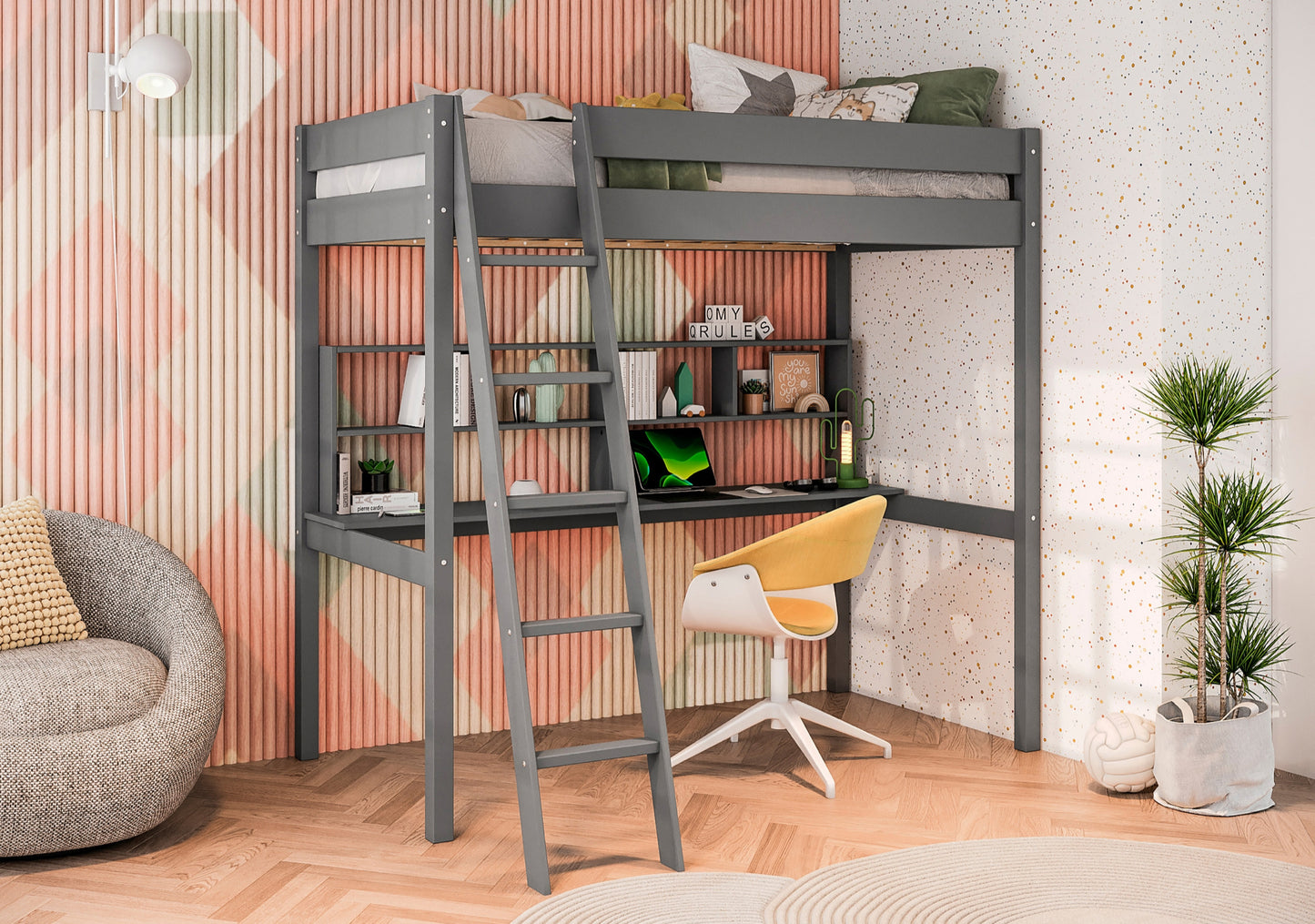 Model B2006TLGY Twin Loft Bunk Bed with Desk, Light Grey , Toronto Stocks