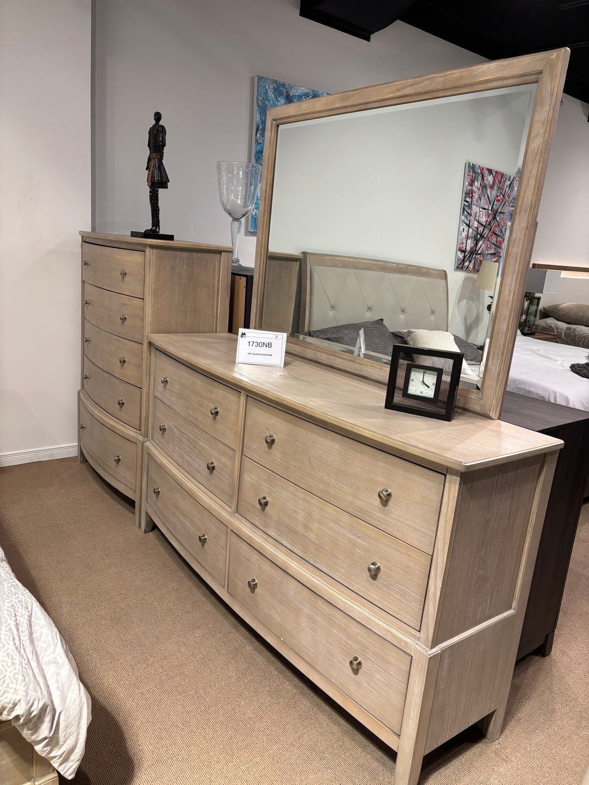 Model 1730NB light wood dresser with matching framed mirror