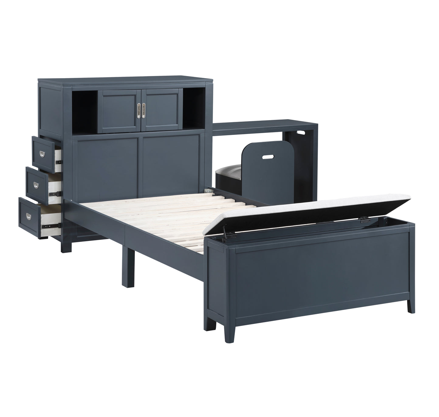 B2024BUBC Twin/Full Bookcase Platform Bed with Hidden Desk, Stool and Storage Bench .Limited Toronto Stocks