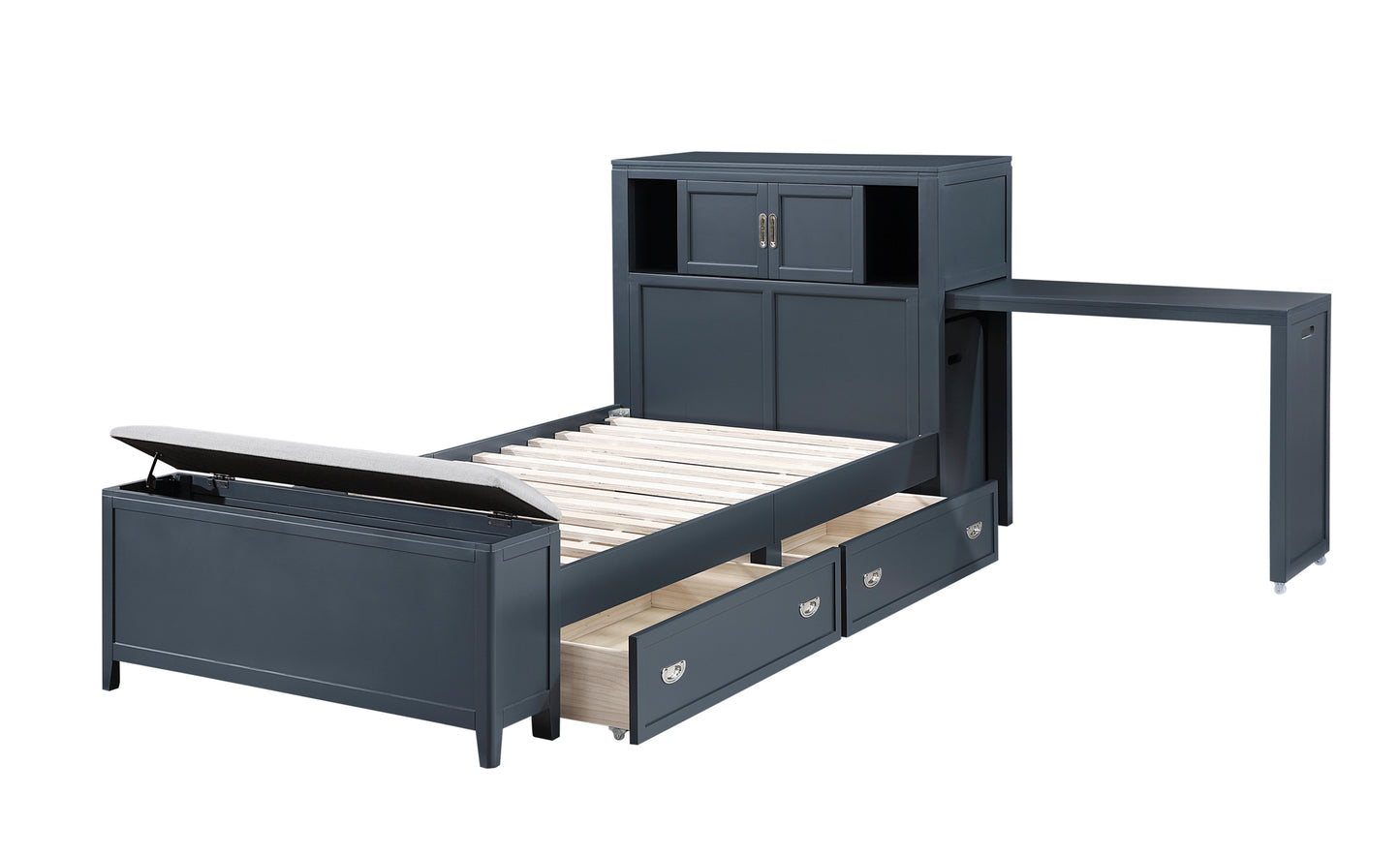 B2024BUBC Twin/Full Bookcase Platform Bed with Hidden Desk, Stool and Storage Bench .Limited Toronto Stocks