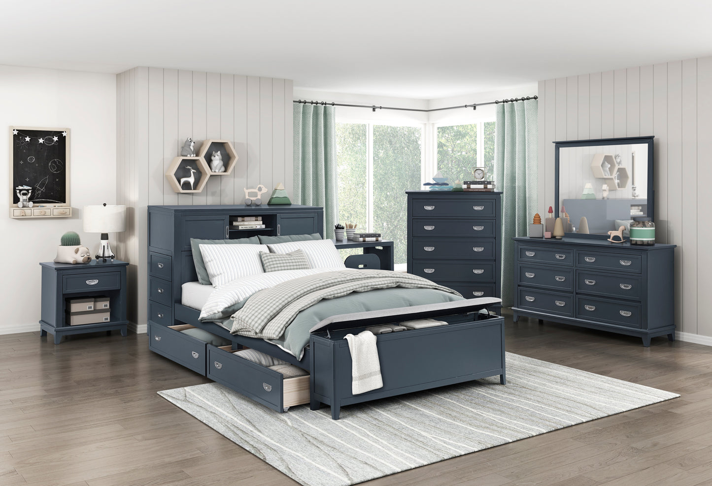 B2024BUBC Twin/Full Bookcase Platform Bed with Hidden Desk, Stool and Storage Bench .Limited Toronto Stocks