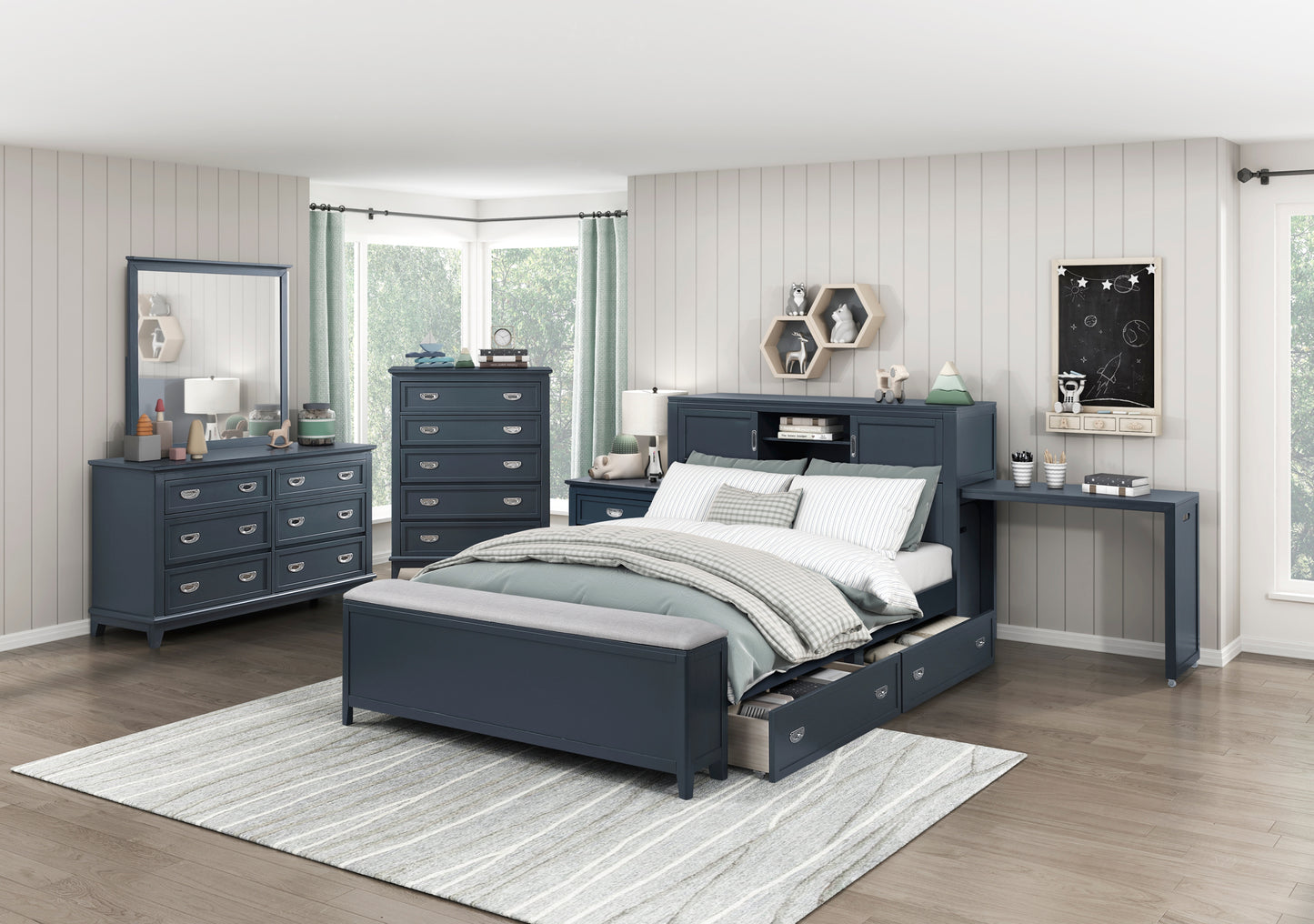 B2024BUBC Twin/Full Bookcase Platform Bed with Hidden Desk, Stool and Storage Bench .Limited Toronto Stocks
