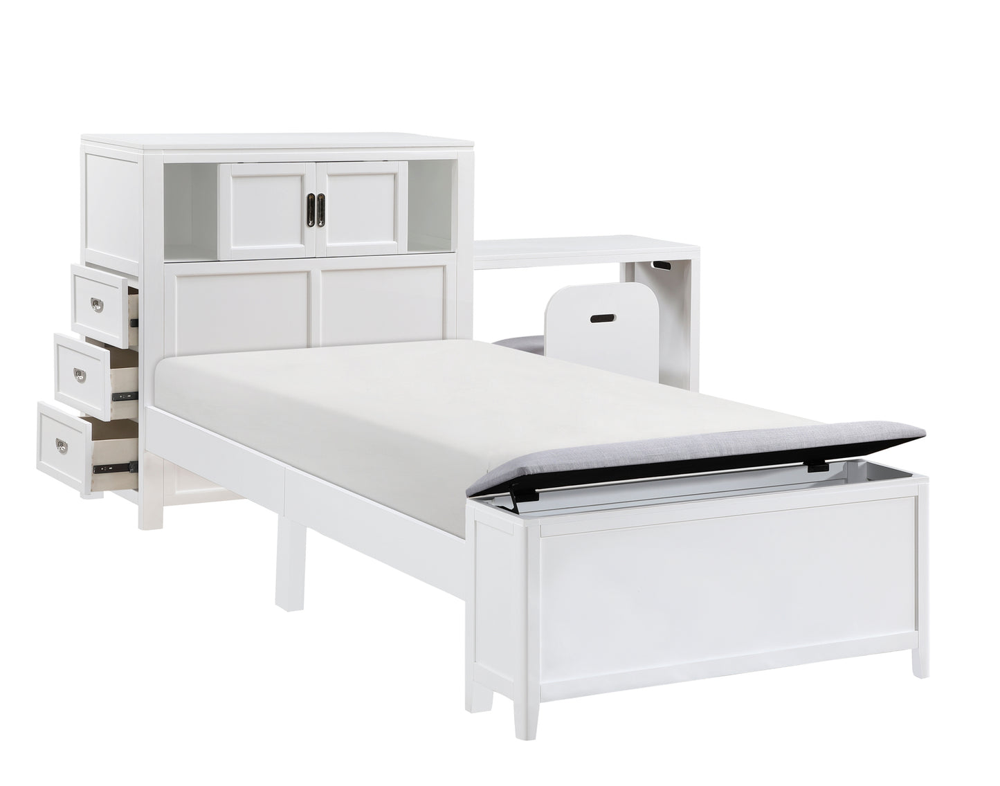 B2024WHBC Twin/Full Bookcase Platform Bed with Hidden Desk, Stool and Storage Bench .Limited Toronto Stocks