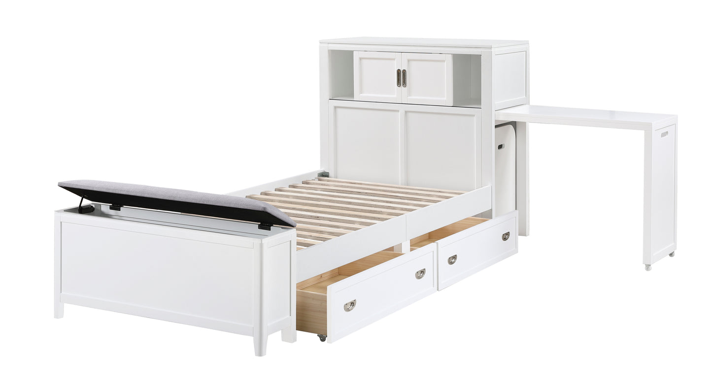 B2024WHBC Twin/Full Bookcase Platform Bed with Hidden Desk, Stool and Storage Bench .Limited Toronto Stocks