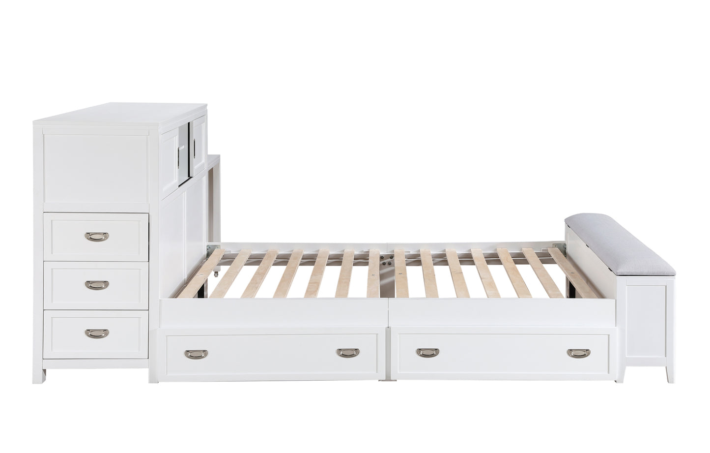 B2024WHBC Twin/Full Bookcase Platform Bed with Hidden Desk, Stool and Storage Bench .Limited Toronto Stocks