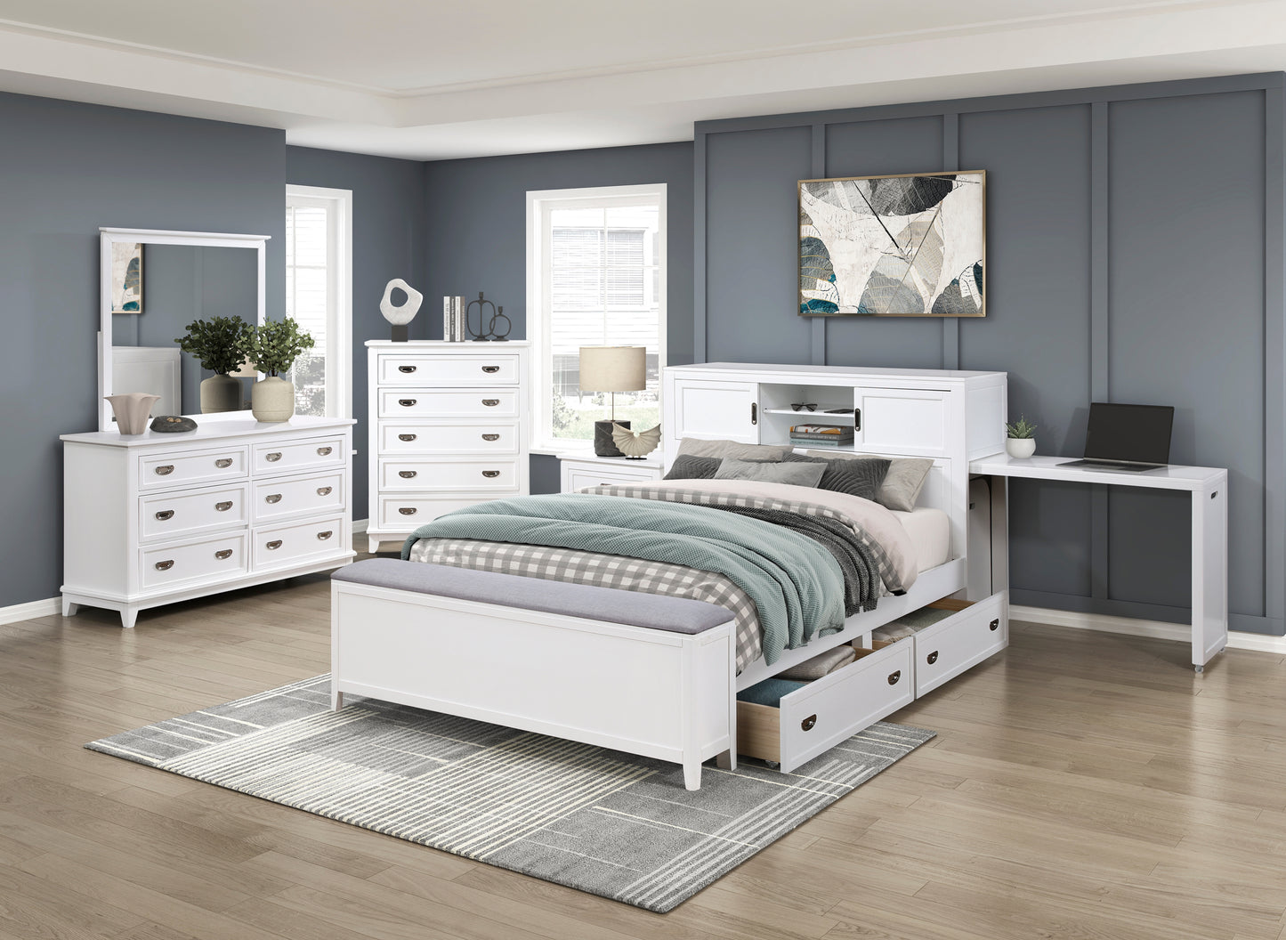 B2024WHBC Twin/Full Bookcase Platform Bed with Hidden Desk, Stool and Storage Bench .Limited Toronto Stocks