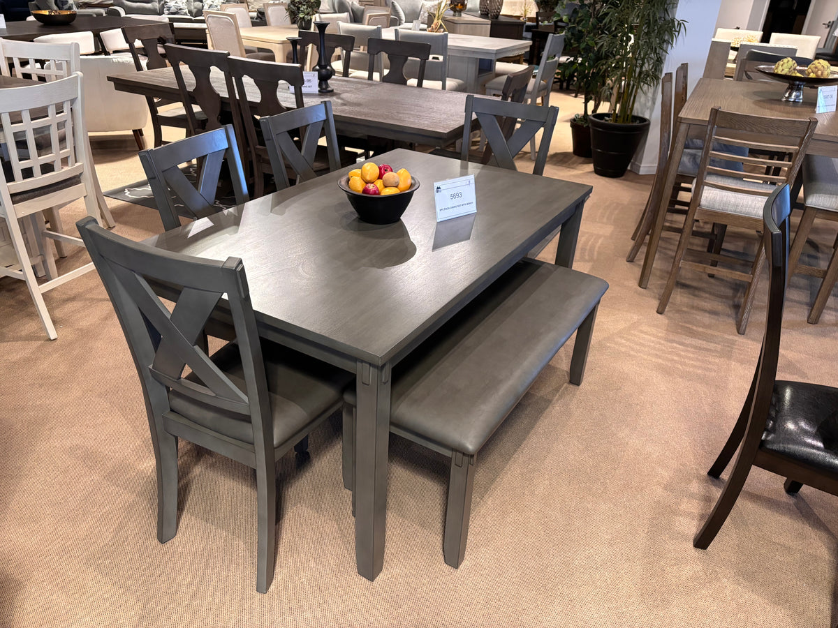 Model 5693 grey wood dining table with four chairs and bench