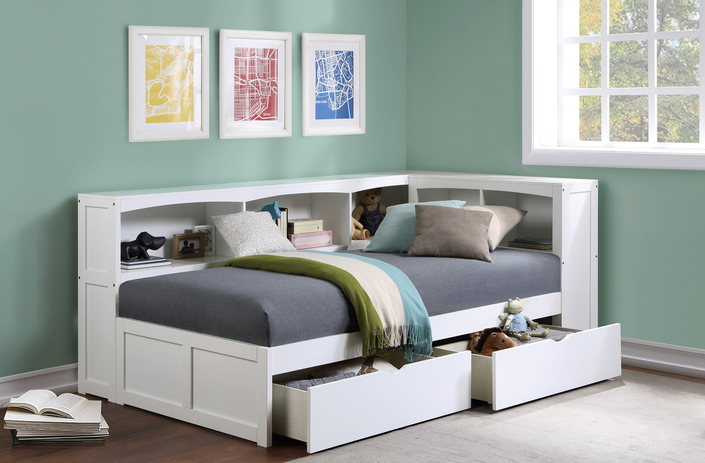 Model B2053BCW-1BC Twin Bookcase Corner Platform Bed with Storage Boxes/Trundle Option .Limited Toronto Stocks
