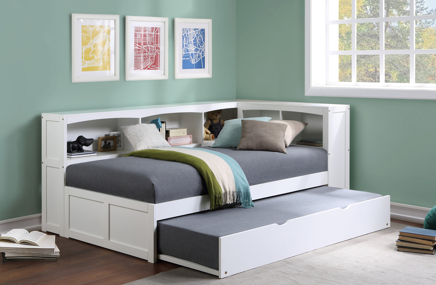Model B2053BCW-1BC Twin Bookcase Corner Platform Bed with Storage Boxes/Trundle Option .Limited Toronto Stocks