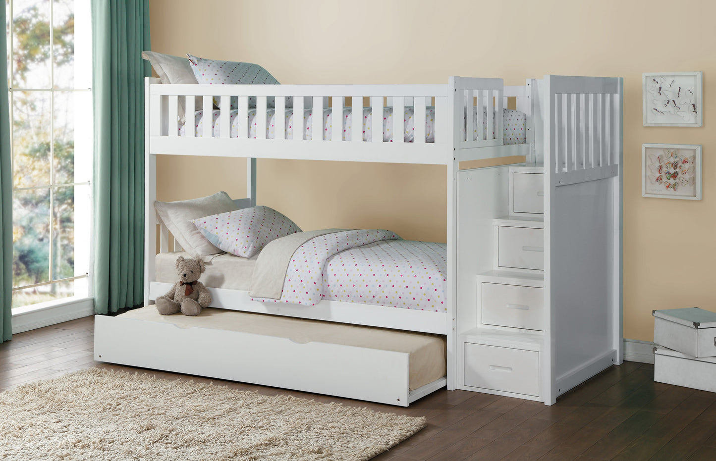 Model B2053SBW Step Bunk Bed with Drawers/Trundle options . Toronto stock