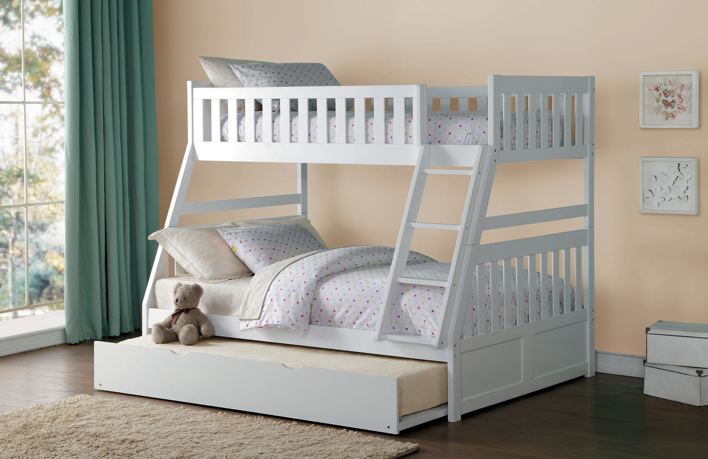 Model B2053TFW Twin/Full Bunk Bed with Drawers/Trundle options . Toronto stock