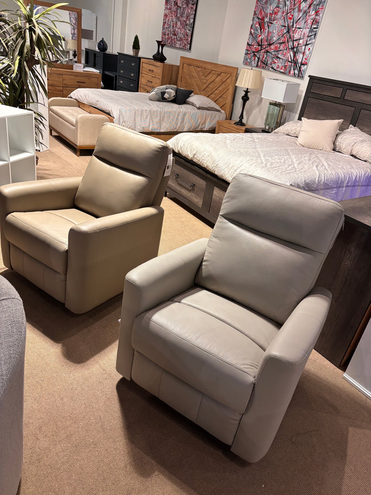 Model 9658 leather recliners displayed in two light color options