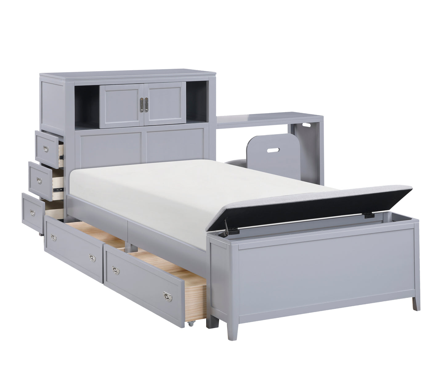 B2024GYBC Twin/Full Bookcase Platform Bed with Hidden Desk, Stool and Storage Bench .Limited Toronto Stocks