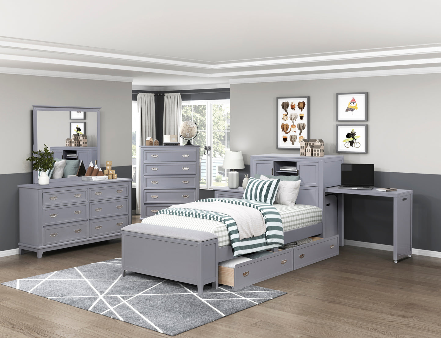 B2024GYBC Twin/Full Bookcase Platform Bed with Hidden Desk, Stool and Storage Bench .Limited Toronto Stocks
