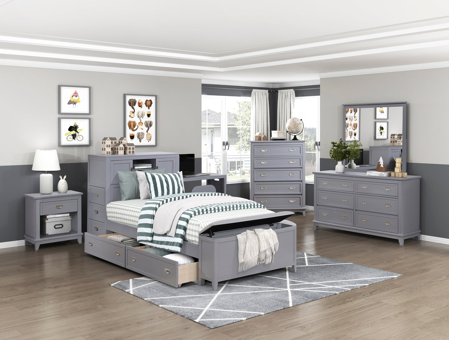B2024GYBC Twin/Full Bookcase Platform Bed with Hidden Desk, Stool and Storage Bench .Limited Toronto Stocks