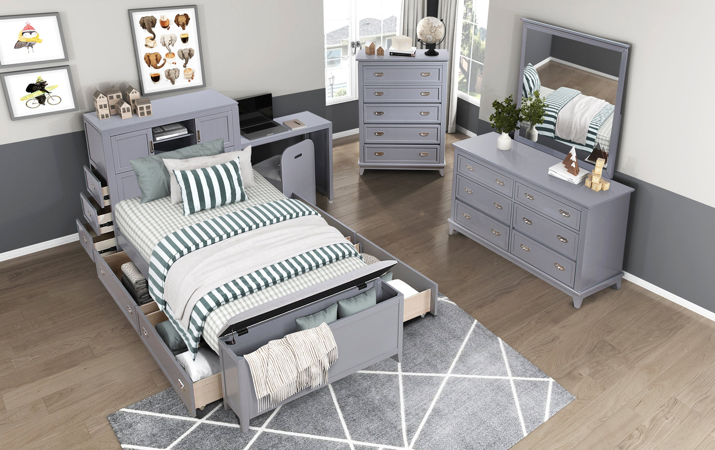 B2024GYBC Twin/Full Bookcase Platform Bed with Hidden Desk, Stool and Storage Bench .Limited Toronto Stocks