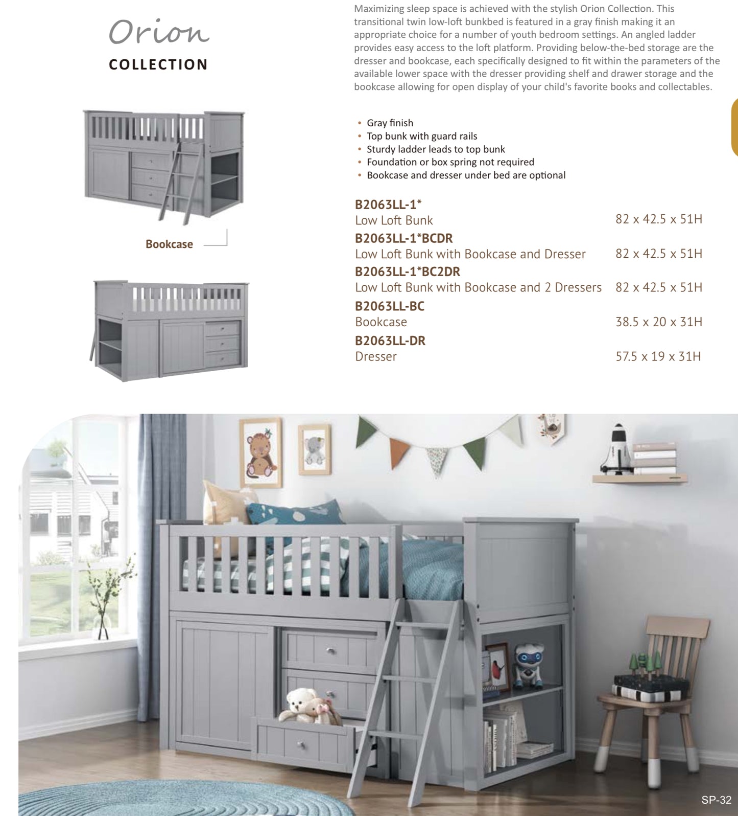 Model B2063LL Low Loft Bunk with Dresser California Stocks