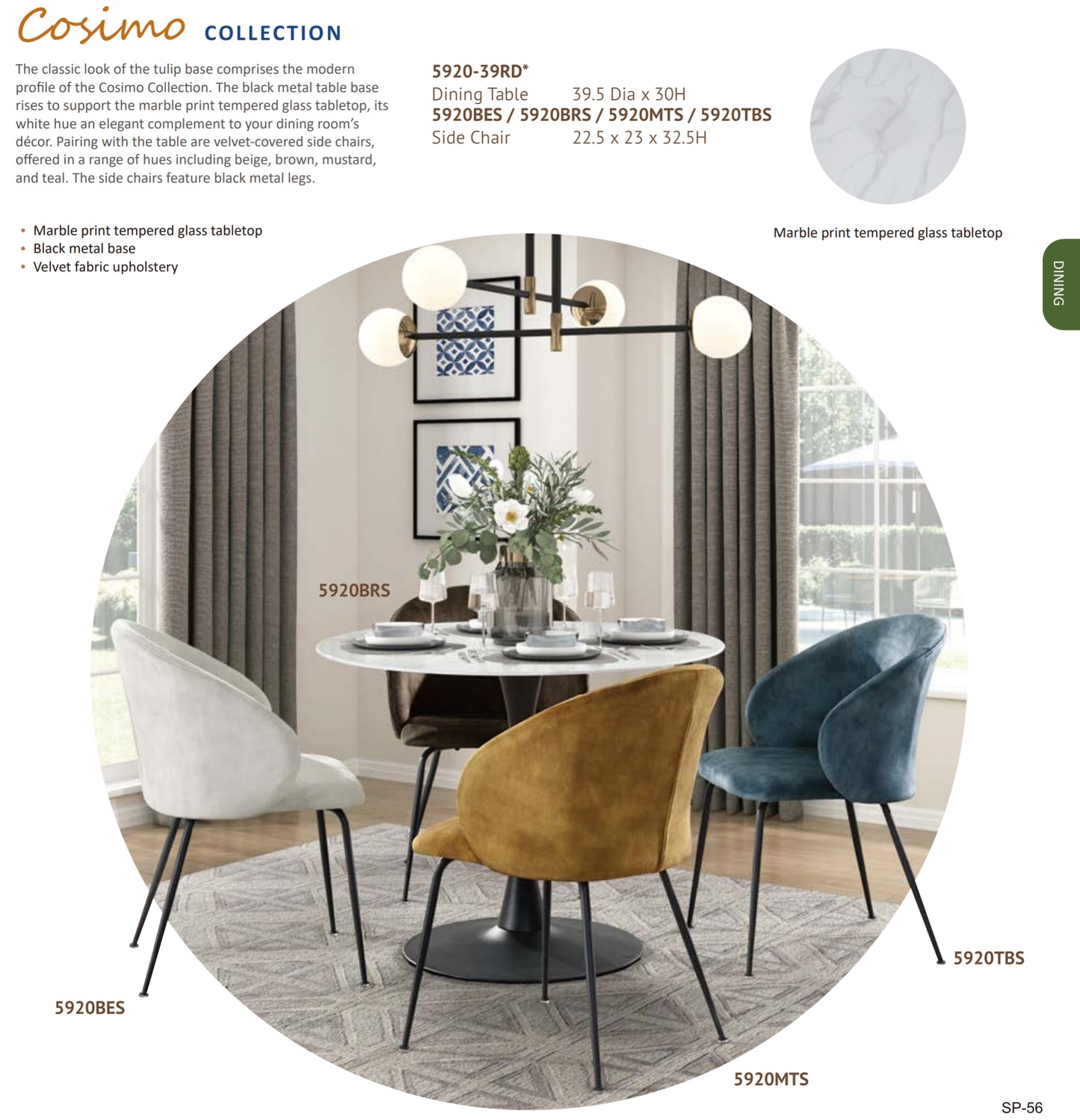 Model 5920 Marble print tempered glass top Modern Dining Set California Stocks