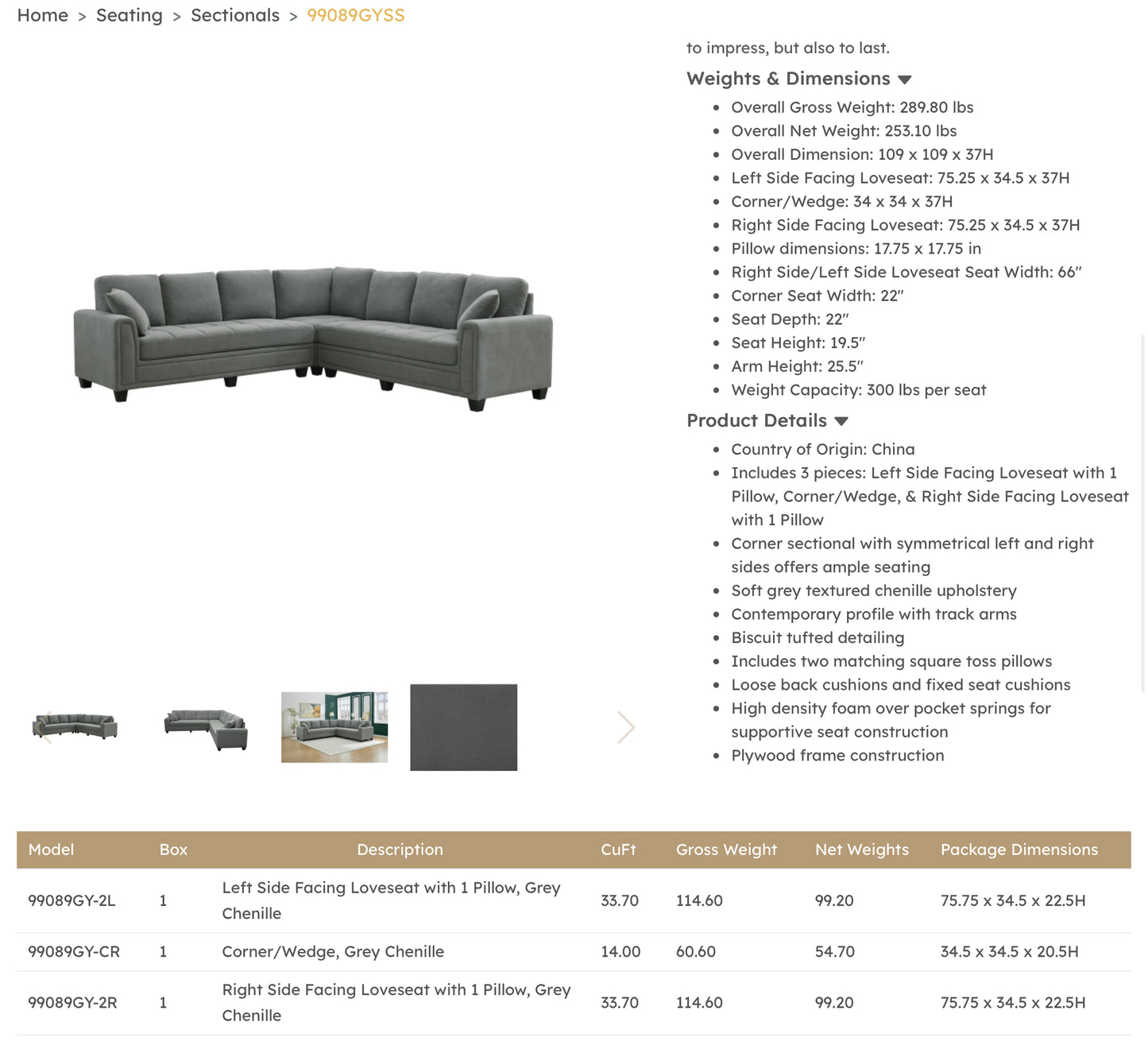 NEW arrival Model 99089GYSS 3-piece Corner Sectional with 2 Pillows, Grey Chenille