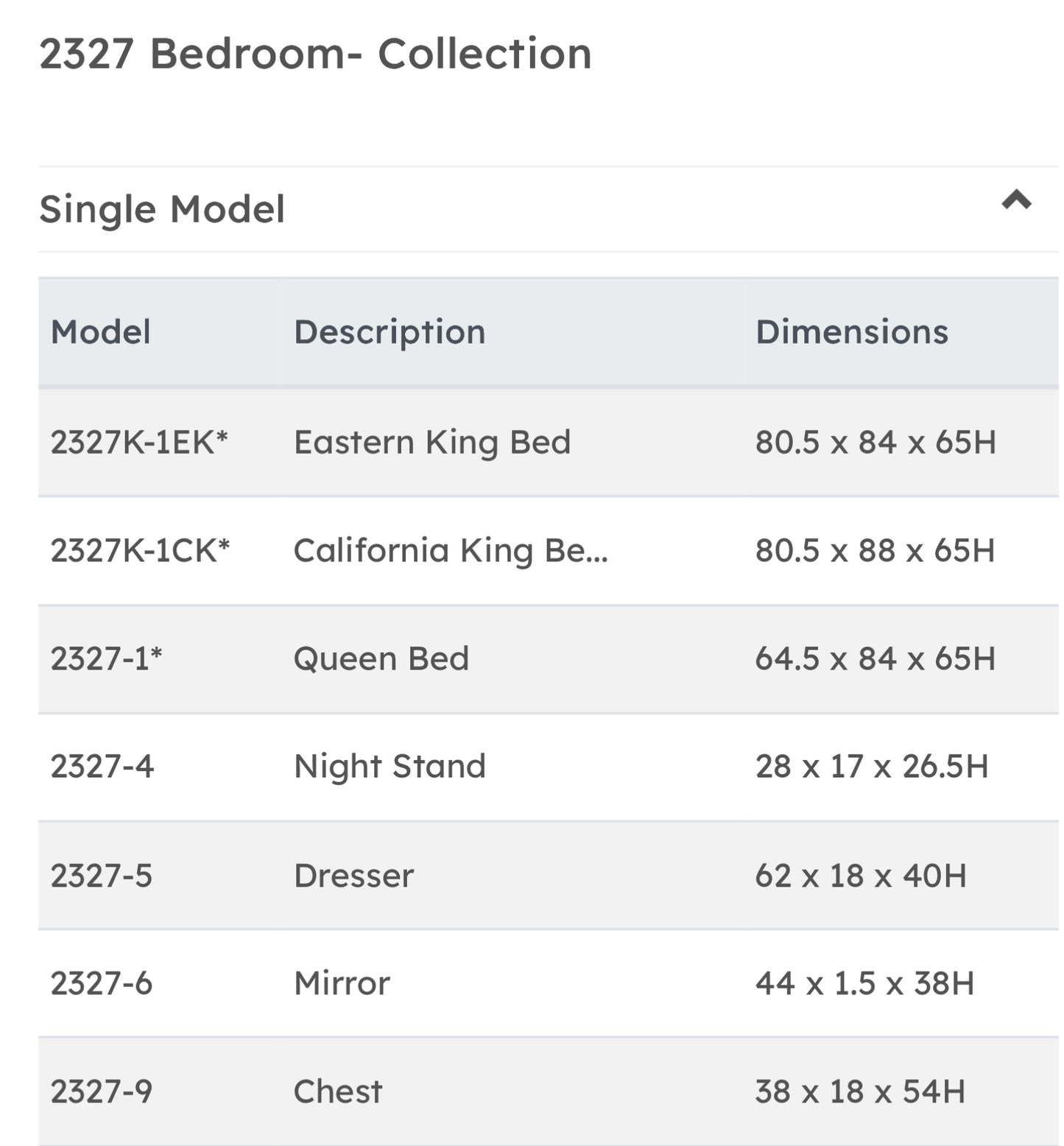 Model 2327 Bedroom Set California Stocks