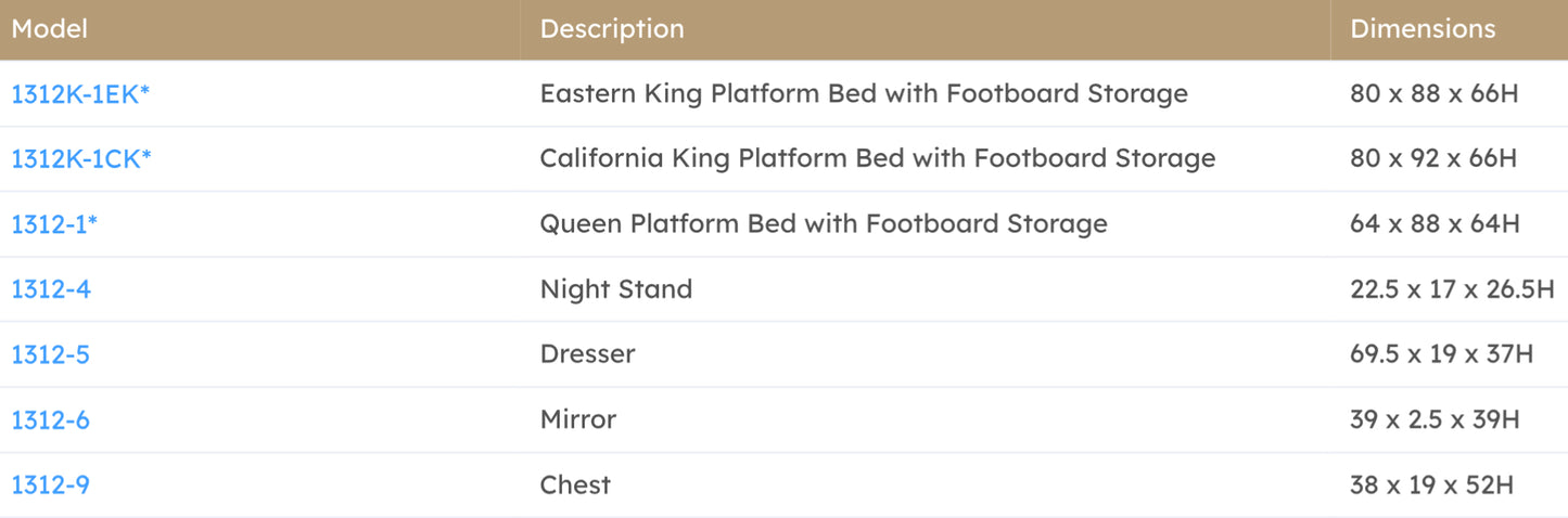 Ensemble de chambre à coucher modèle 1312 - Stocks Californie