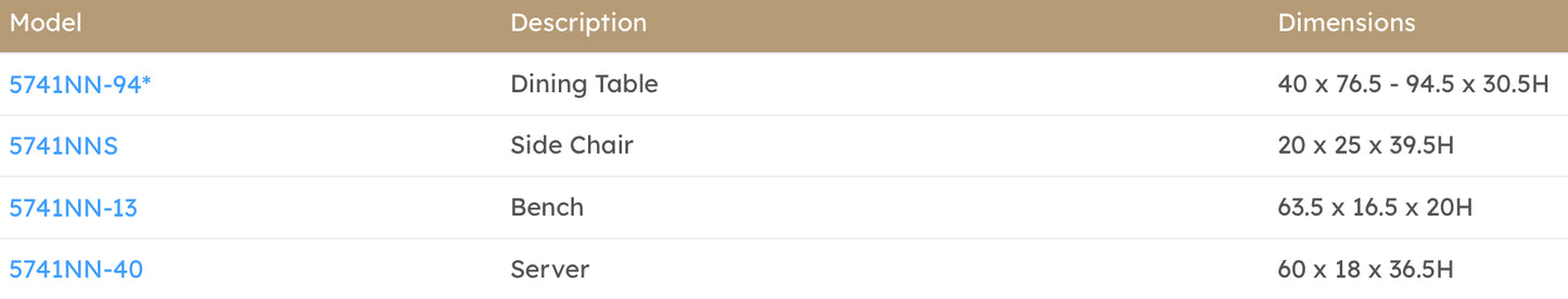 Model 5741NN with BENCH Dining Set California Stocks