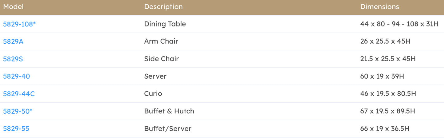Model 5829 Dining Set California Stocks
