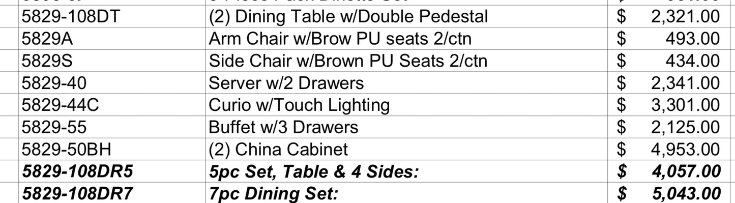 Model 5829 Dining Set California Stocks