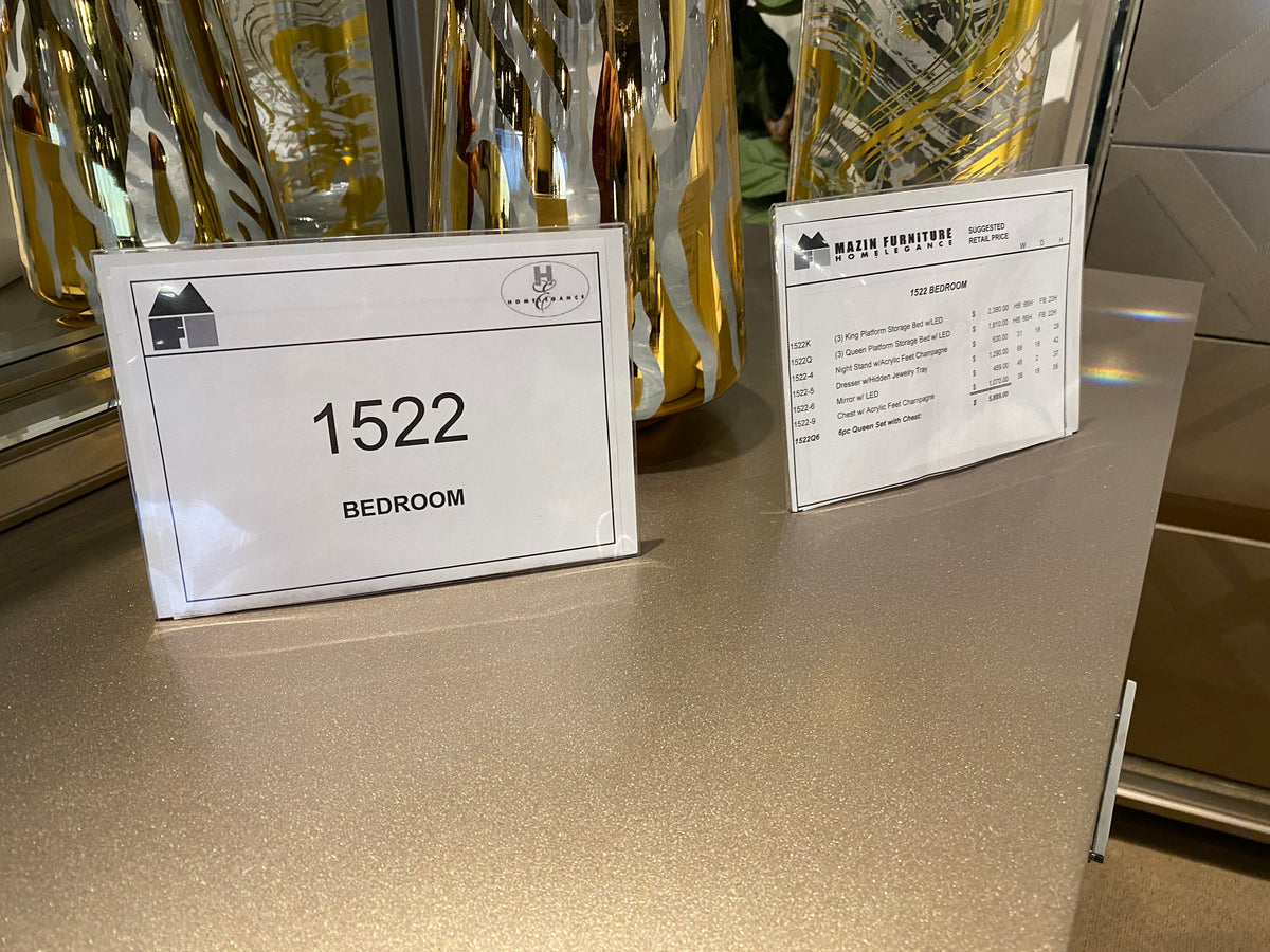 Model 1522 bedroom collection display card and metallic finish detail