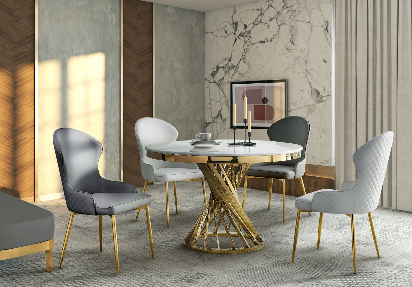 Marble Top Round Dining Set 5 pc 7452