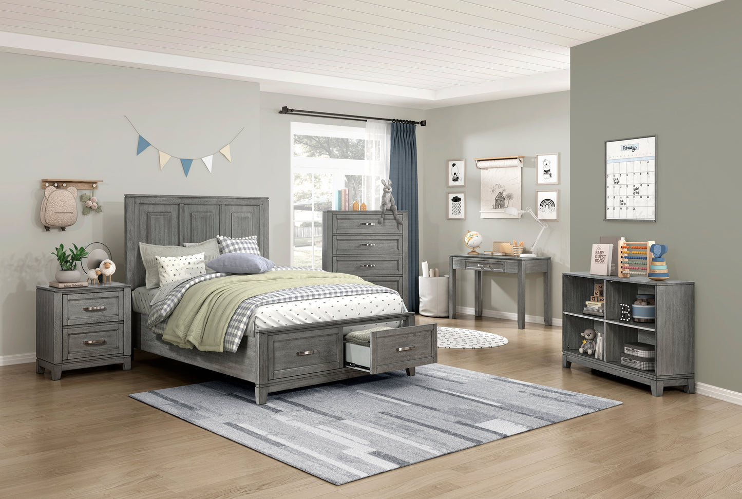 Children / Kids/ Youth White Storage Bedroom Set 1450 Grey, California Stock