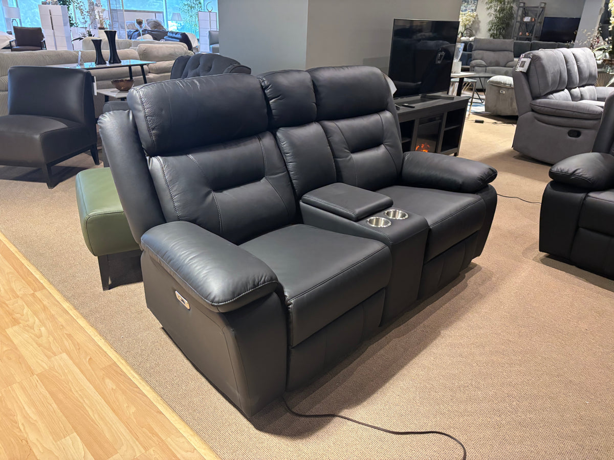 Model 9629BLK black leather power recliner sofa and loveseat set, showroom view
